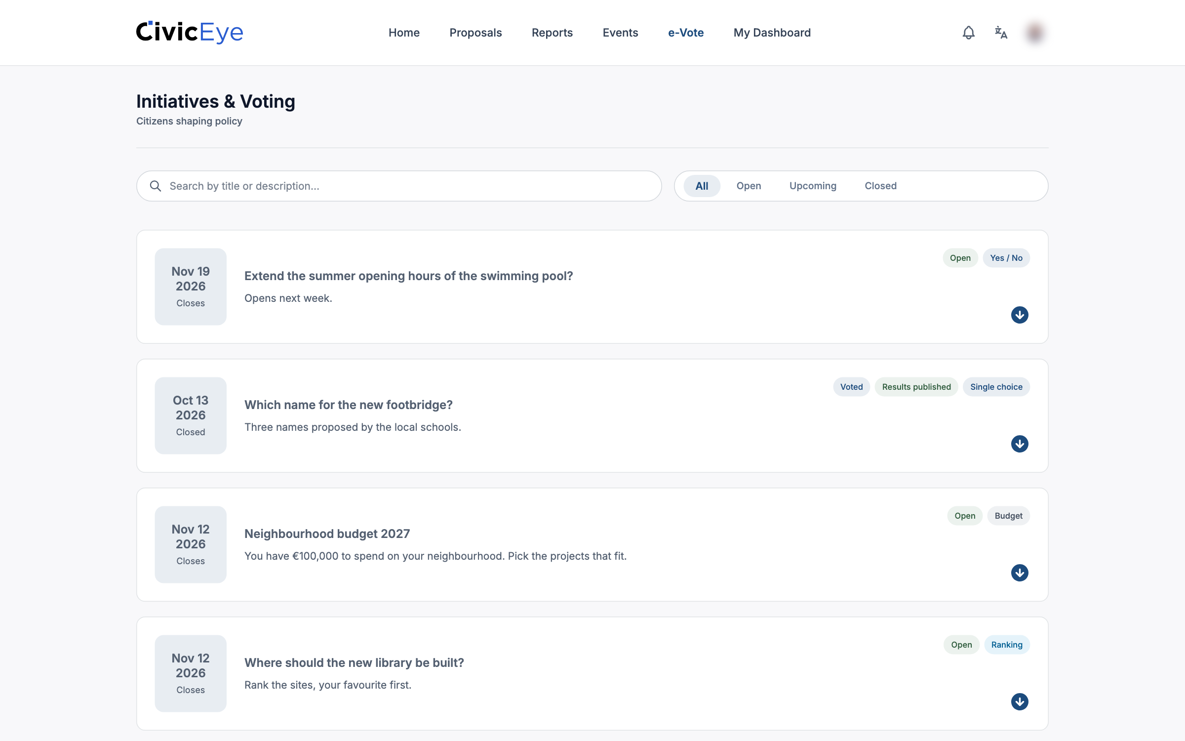 Civic Eye digital voting with yes/no, single-choice, ranking and participatory budget votes